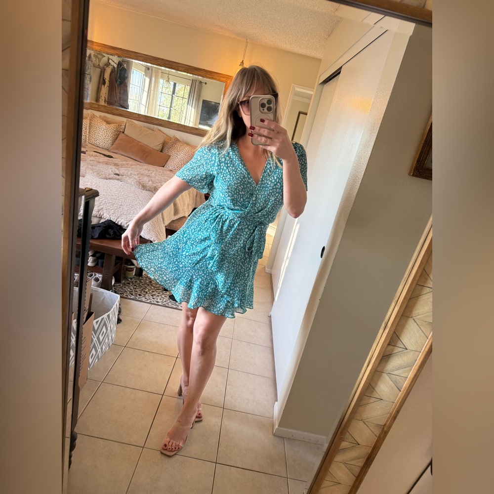 Kentucky Derby Flirty Aqua Cheetah Print Wrap Dress with Ruffle Detail - Picture 4 of 8